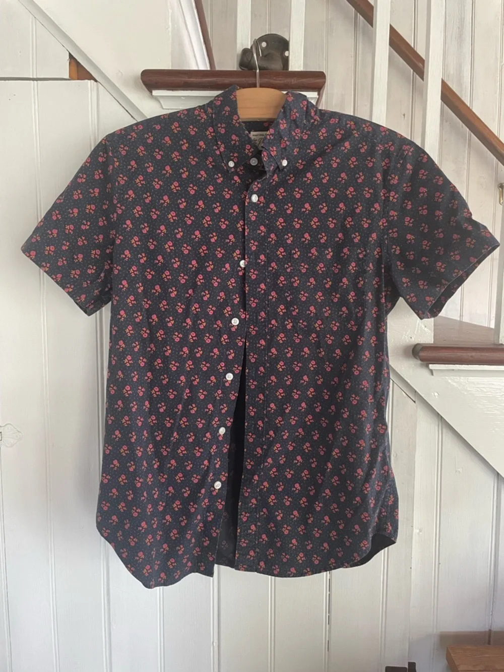 J. Crew Navy Short-Sleeve Button-Down with Red Floral Print